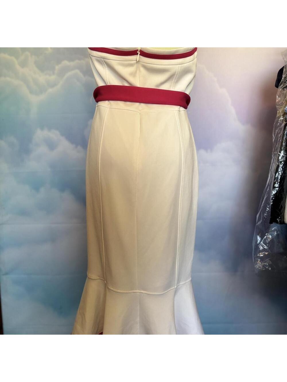 Strapless White Dress with Pink Waist Tie and Hem Accent - Picture 7 of 8